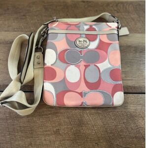 Coach Poppy Signature C Crossbody Bag Pink Coral Grey Canvas Messenger Bag
